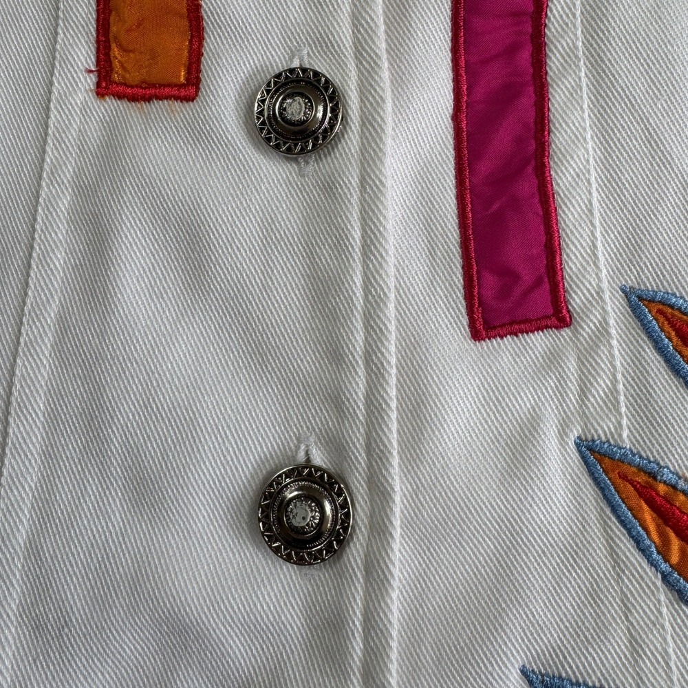 Variations White Embroidered Denim Jacket Womens Large Floral‎ Applique Buttons - Picture 5 of 15